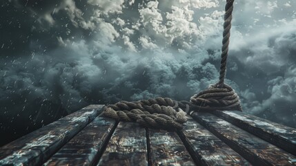 a dock with ropes on it and a cloudy sky
 - obrazy, fototapety, plakaty
