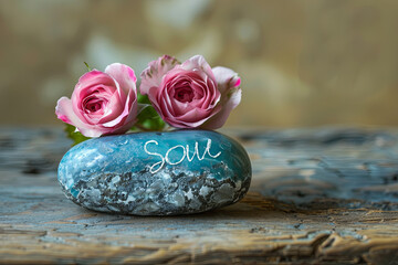 A blue stone with soul with two beautiful pink roses over wooden background like a concept for soul, spiritual beaty and mystic philosophy,with writing”soul”