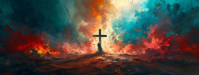 A mesmerizing painting captures the intensity of fire and the solemnity of a person standing before a cross - obrazy, fototapety, plakaty