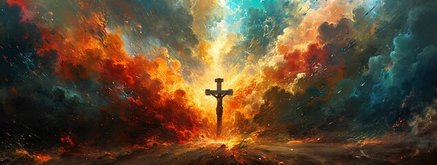 A fiery masterpiece of religious devotion, capturing the struggle and sacrifice of a man on a cross against a backdrop of smoldering clouds - obrazy, fototapety, plakaty