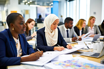Group employees, african woman, female in hijab, black man, diverse professional group focused on business analysis and strategic planning in inclusive modern office workspace. International teamwork