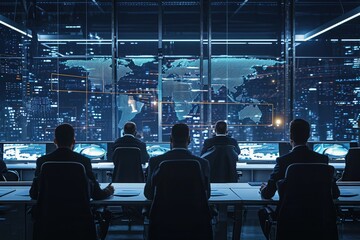 A diverse group of individuals is seated around a table, engaged in conversation and activities, with a window in the background, Cyber security experts in a futuristic command center, AI Generated