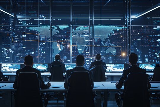 A diverse group of individuals is seated around a table, engaged in conversation and activities, with a window in the background, Cyber security experts in a futuristic command center, AI Generated