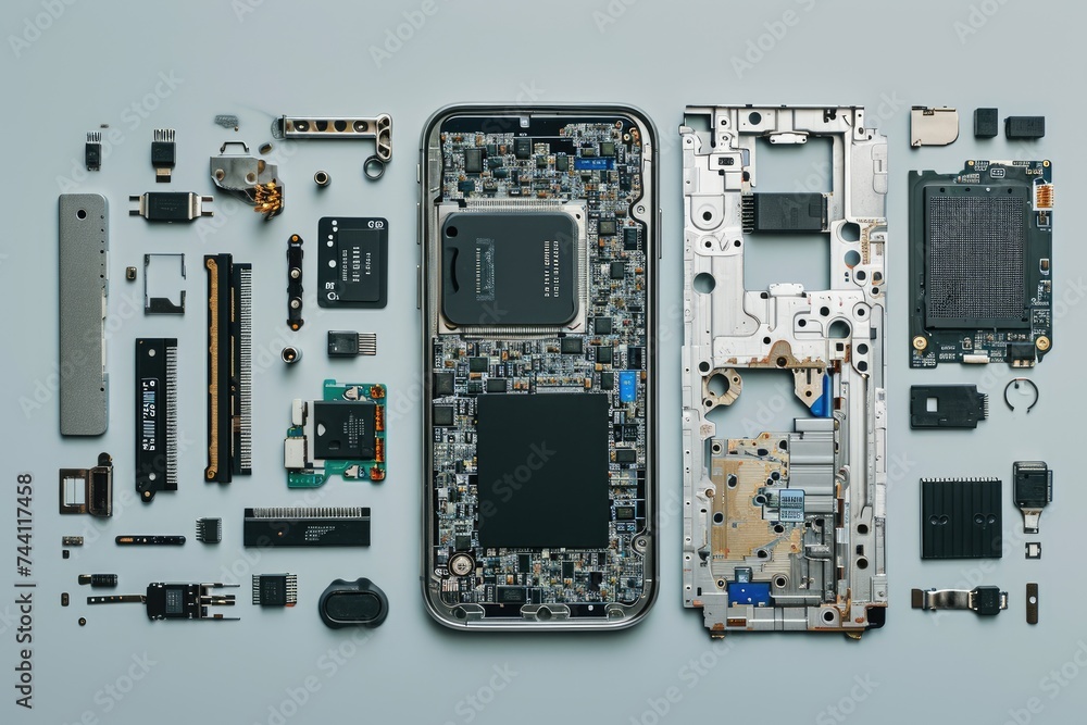 Poster An image depicting the various parts and elements that make up a cell phone, Deconstruction of a smartphone revealing its various components, AI Generated