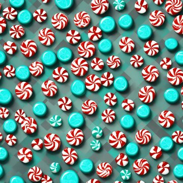 Repeating pattern of 3d HD hyper realistic peppermint candies scattered on a cartoonish checked grey and turquoise plaid background