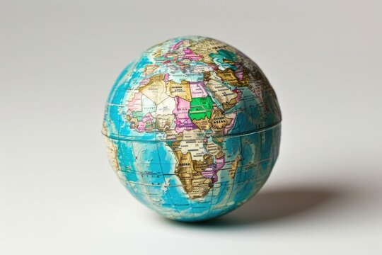 A small globe featuring a meticulously detailed world map, displaying continents, countries, and major cities, Depict global inflation with a fully inflated world globe, AI Generated