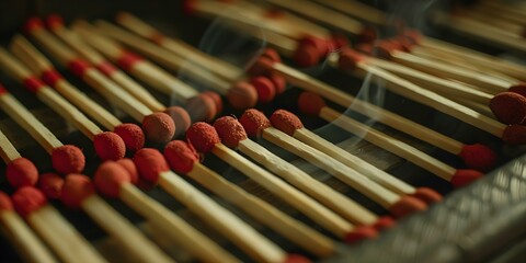 A detailed shot showcasing a collection of individual matches up close. Concept Matchstick Collection, Macro Photography, Detailed Close-ups - Powered by Adobe