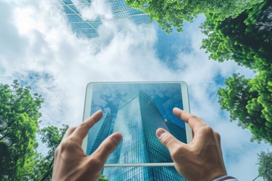 A person holds a tablet in front of a towering building, capturing the modernity and scale of urban architecture, Designing a green building using cloud-based VR technology, AI Generated