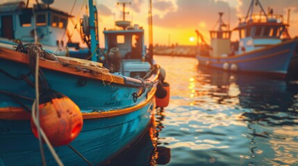 a part of fishing boat in a harbor at sunset warm color shadow - obrazy, fototapety, plakaty