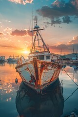 Obraz premium a part of fishing boat in a harbor at sunset warm color shadow
