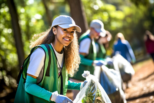 Happy smiling volunteer African American young woman employee joins a corporate team for an eco-friendly park forest cleanup. Concept of sustainability and social responsibility community in nature
