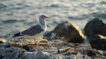 seabird seagull on the seashore on a rock next to a cigarette butt, pollution