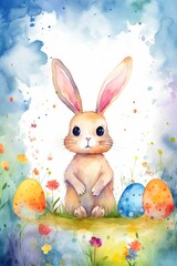 Watercolor bunny amidst a burst of colorful spring flowers.
