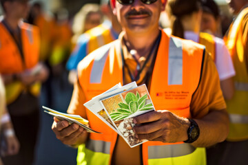 Adult male volunteer in orange reflective vest handing out, distributes environmental action flyers on sunny street. Concept of company involvement in ecology initiatives and corporate sustainability