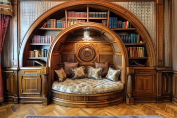 Classical home library nook with round bookshelf design