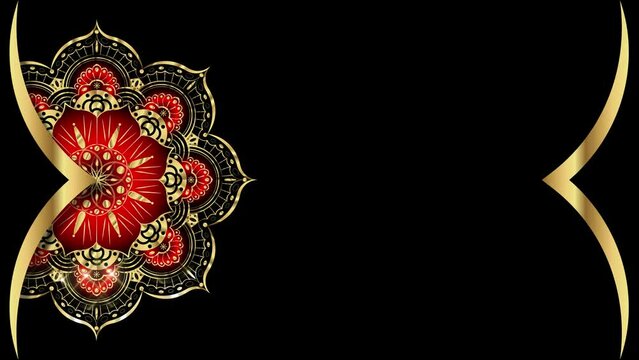 Animation of Luxury sparkling mandala with gold frame in arabesque pattern Indian style. Motion Graphics Video flower Mandala Rotating, elegant black Background and copy space for you text