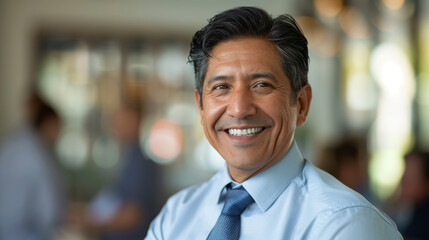 Fototapeta premium mature businessman with a beaming smile, dressed in a professional light blue shirt and dark blue tie, set against an office environment with blurred figures in the background.