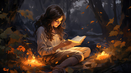 girl sitting near a campfire in the forest