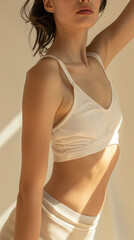 slim sporty woman in underwear has beautiful lines with a shadow pattern on her skin, depicting a sensual and fashionable concept.