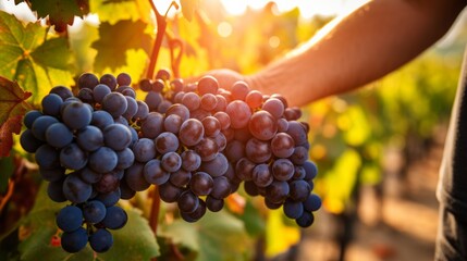 Hand harvesting ripe blue grapes in a sunny vineyard. - obrazy, fototapety, plakaty