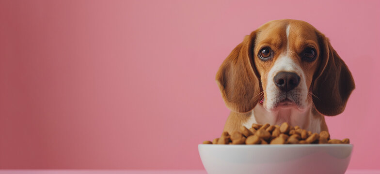 Perro beagle con plato de comida