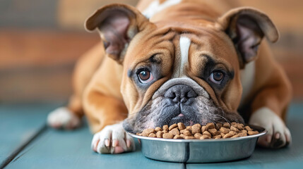 Perro bulldog con un plato de comida
