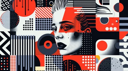  Monochrome graphic collage with female portrait, abstract shapes, and patterns.