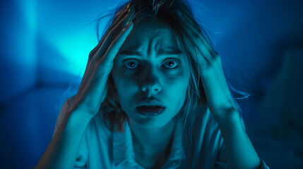 Frightened woman with a horrified expression in dim blue light, depicting fear or anxiety.