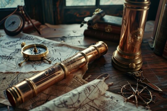 On an old wooden table, there is a golden compass, a roll of nautical charts, and a copper telescope