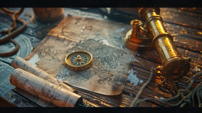 On an old wooden table, there is a golden compass, a roll of nautical charts, and a copper telescope