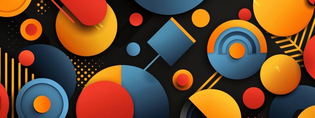 Abstract design with a constellation of geometric shapes in yellow, red, and blue on a black background.