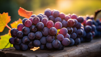 Bunch of blue grapes on a wooden surface with sunlight filtering through.