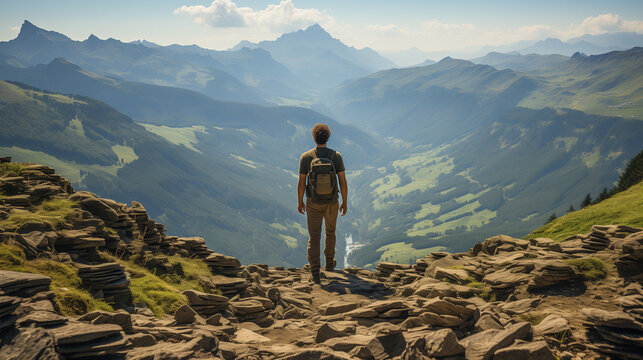 Devant la montagne, l'homme contemple l'immensité, laissant son esprit s'élever vers des horizons infinis.