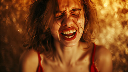 Emotional woman screaming, intense expression, red tones
