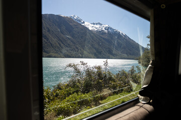 lake and mountain view from van window