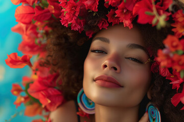 Tranquil Afro woman adorned with a crown of red flowers, her eyes closed, embodying a serene carnival spirit.