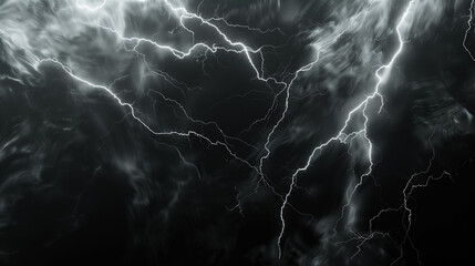 Dramatic lightning bolts strike through dark stormy skies, showcasing nature's raw power. - obrazy, fototapety, plakaty