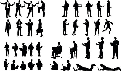 Businessmen posing silhouettes, working with laptops and tablets, editable vector illustration, including various positions