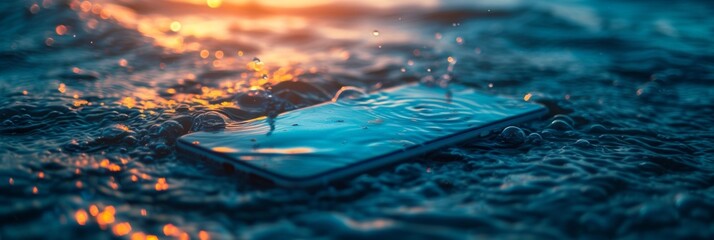 Stranded smartphone lies amidst the sparkling waves at golden hour, evoking themes of loss and technology - obrazy, fototapety, plakaty