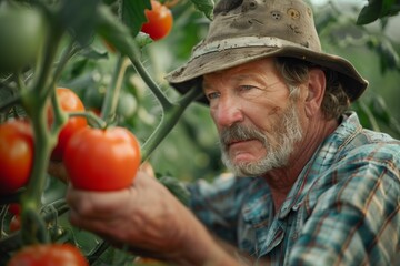 Farmer inspecting tomatoes in greenhouse