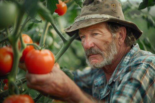 Farmer inspecting tomatoes in greenhouse
