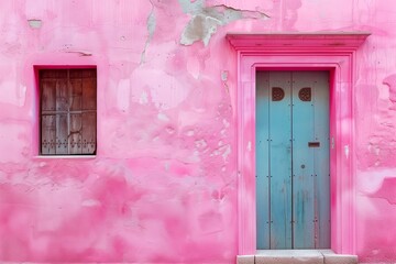 a teal door in a pink wall