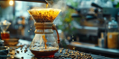 Drip brewing, filtered coffee, or pour-over is a method which involves pouring water over roasted, ground coffee beans contained in a filter - obrazy, fototapety, plakaty