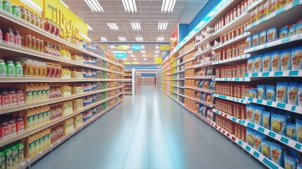 Abstract supermarket aisle with colorful shelves and unrecognizable customers as background - 744124020