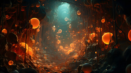 a cellular scene with a fluorescent orange