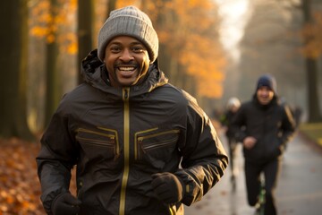 Naklejka premium a chubby black man exercising, a healthy jogger walking in a city park