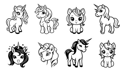 Obraz na płótnie Canvas Set of girls Unicorns vector illustration for children's design.Isolated. Cute fantasy animals.