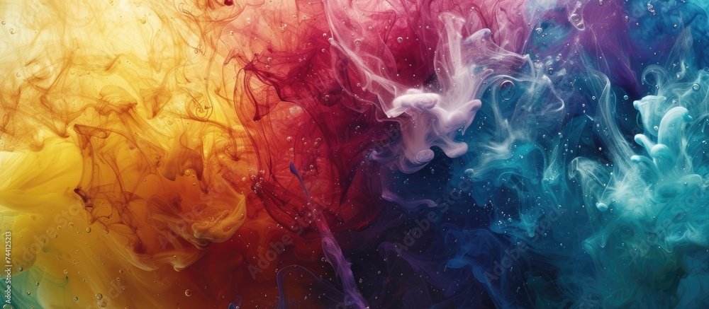Poster this photo captures a mesmerizing display of vibrant inks swirling in translucent water, creating a 