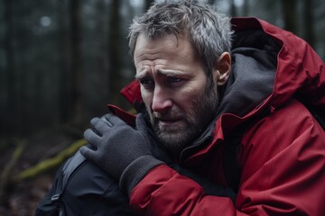 Middle-aged man with a rugged face and a red jacket, clearly in distress, grimacing in pain as he navigates through the dense and daunting forest setting, lost and desperate for a way out. - obrazy, fototapety, plakaty
