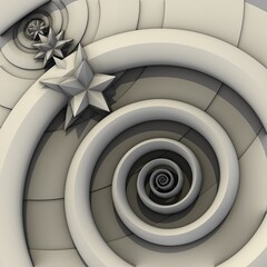 Concentric silk color spiral with the stars on the foggy grey background. 3d illustration, 3d rendering.